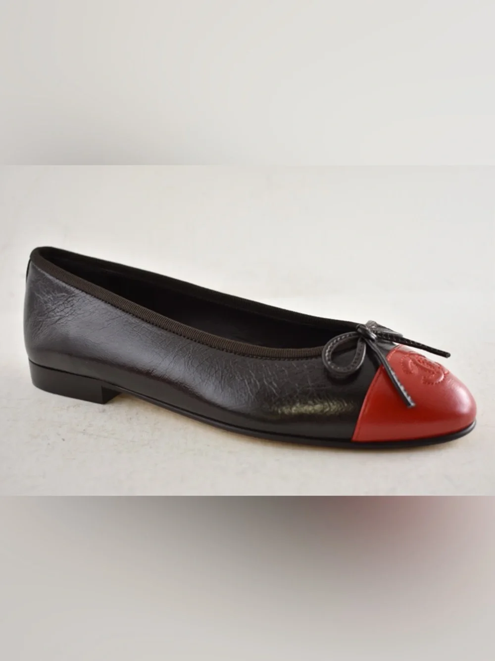 Chanel 26S Dark Brown Red Leather CC Logo Cap Classic Ballet Ballerina Flat 37 - Picture 4 of 16
